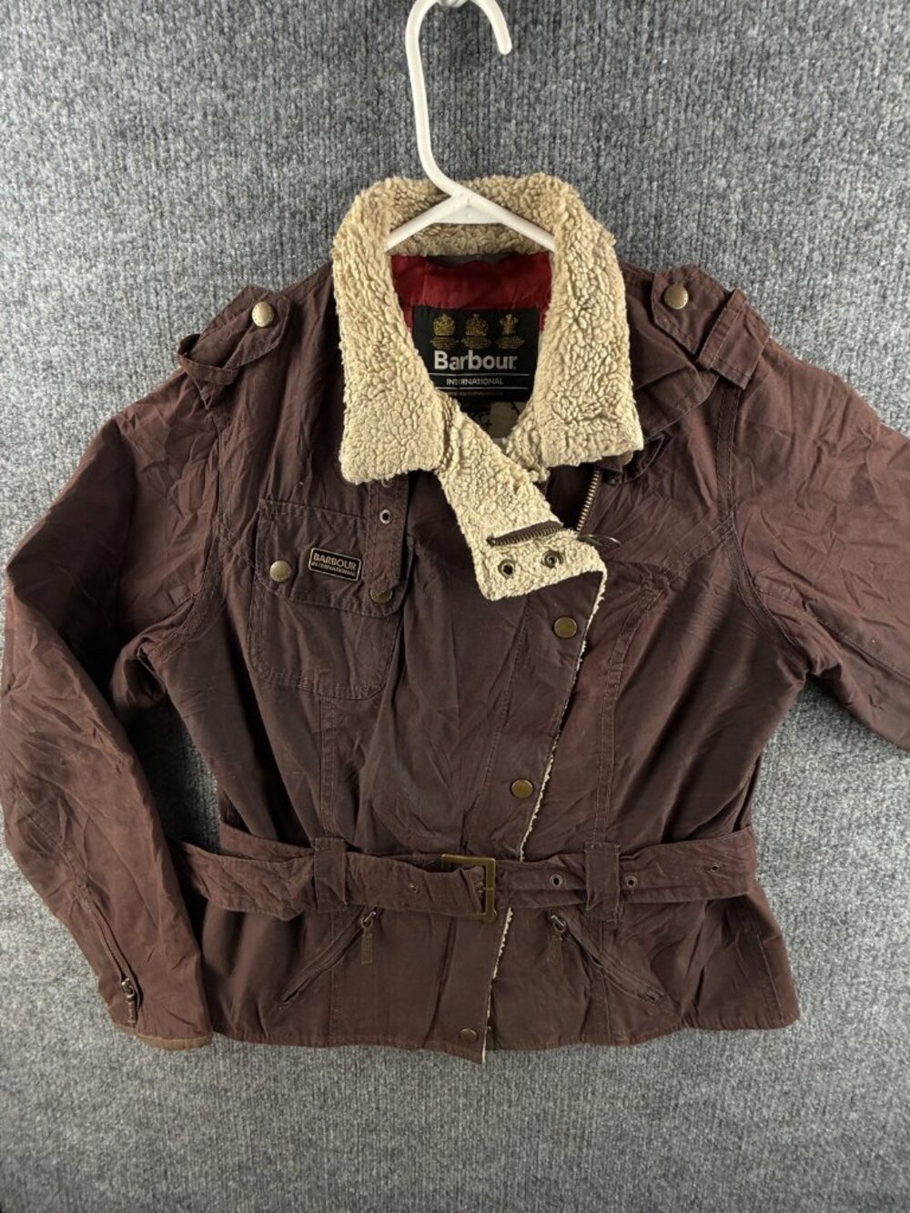 Barbour International MATLOCK Brown Size 6 Waxed Jacket Women Fleece Inside